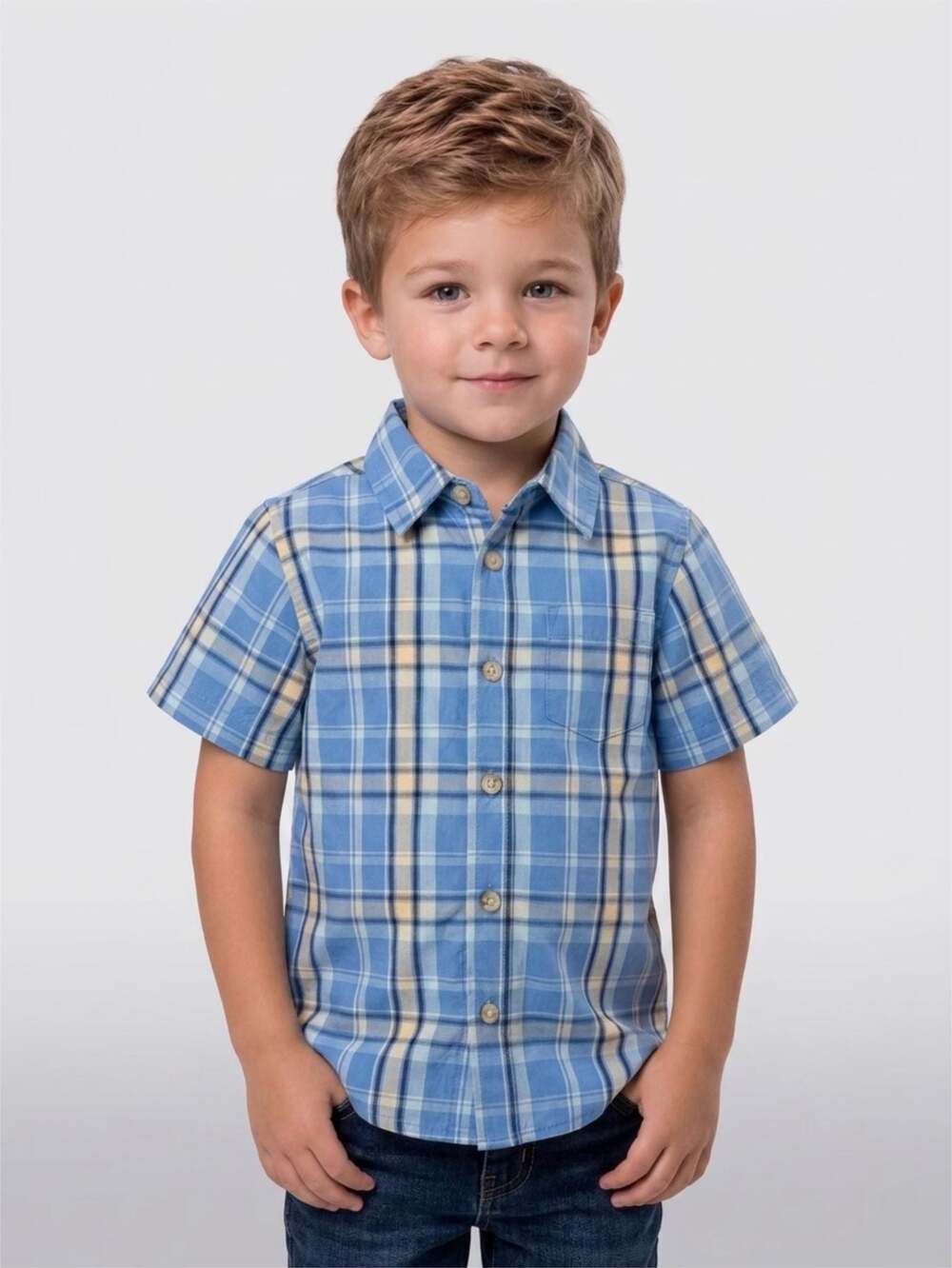 Wrangler Toddler Boy Blue Plaid Short Sleeve Button-Down Shirt (4T)
